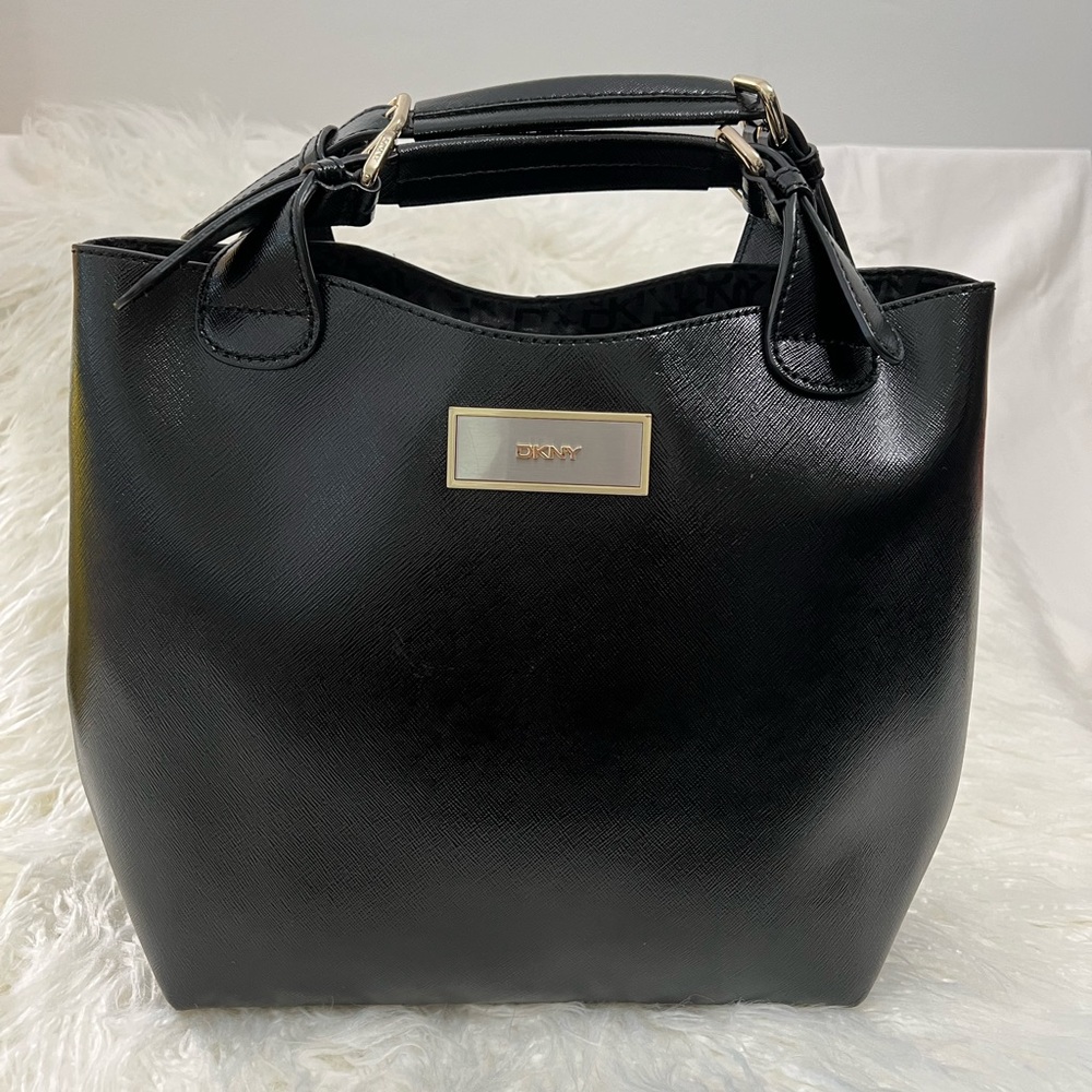 DKNY Black Saffiano Leather Bucket Bag Crossbody with Handles